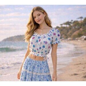 LoveShackFancy Rosalinda Floral Smocked Crop Top Deep Cotton Candy 8